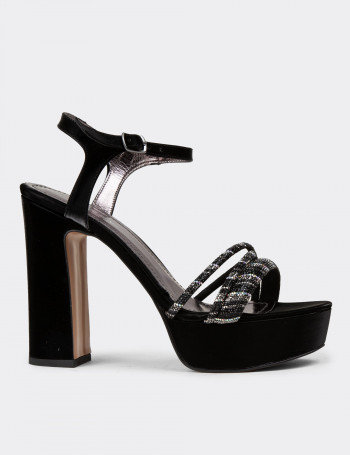Siyah Taş Detaylı Platform Topuklu Kadın Abiye Ayakkabı