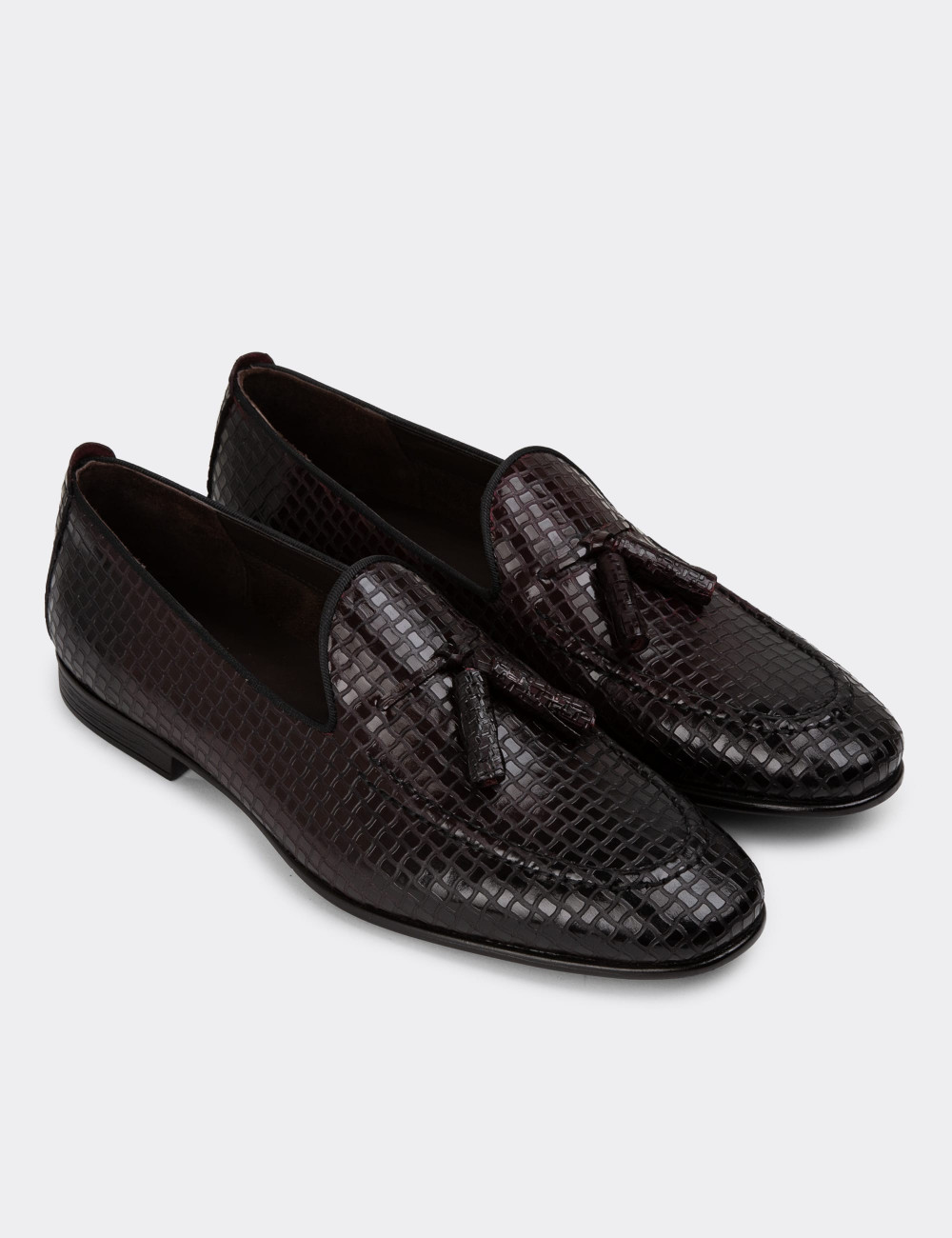 Hakiki Deri Özel Desenli Bordo Erkek Loafer - 01701MBRDC07