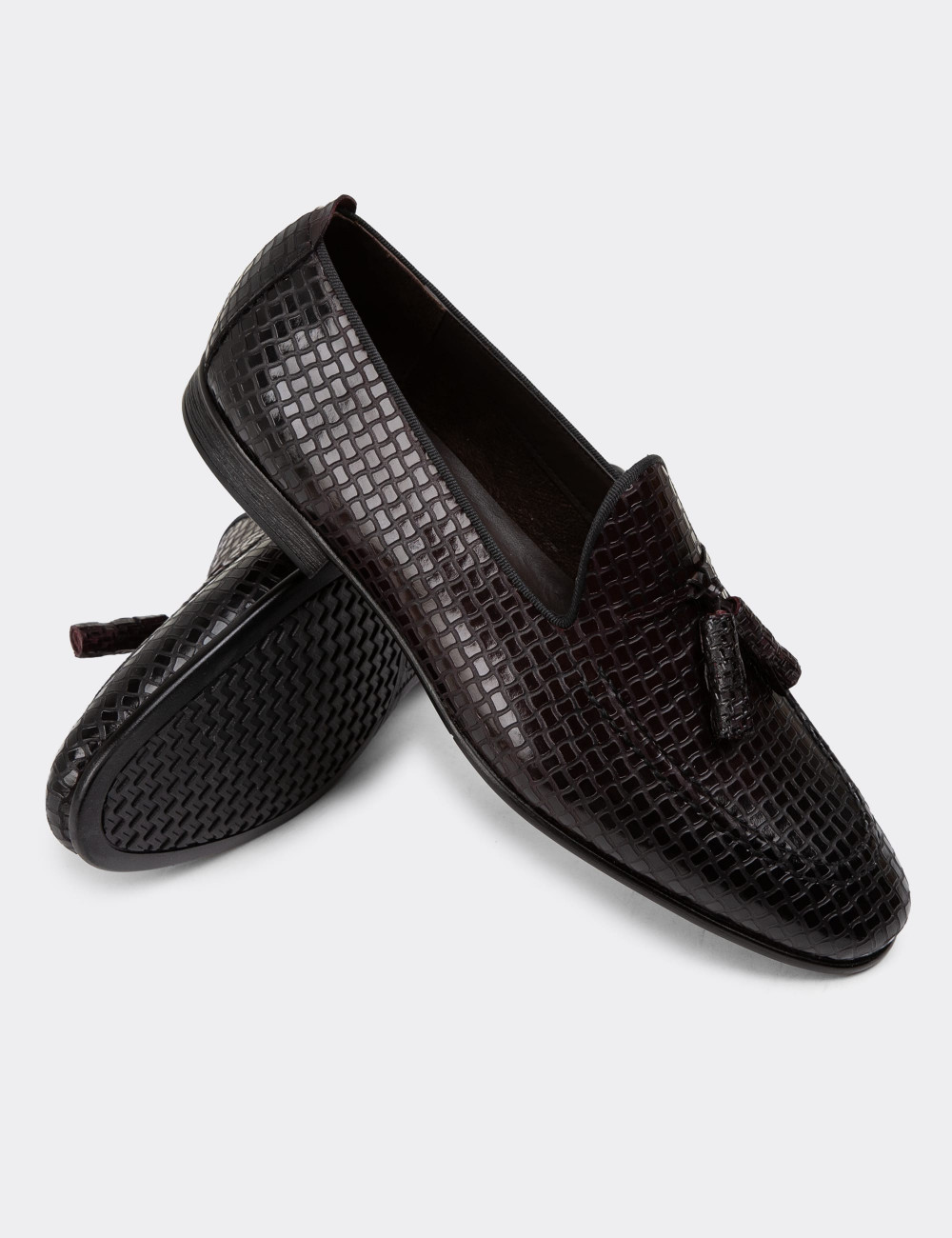 Hakiki Deri Özel Desenli Bordo Erkek Loafer - 01701MBRDC07