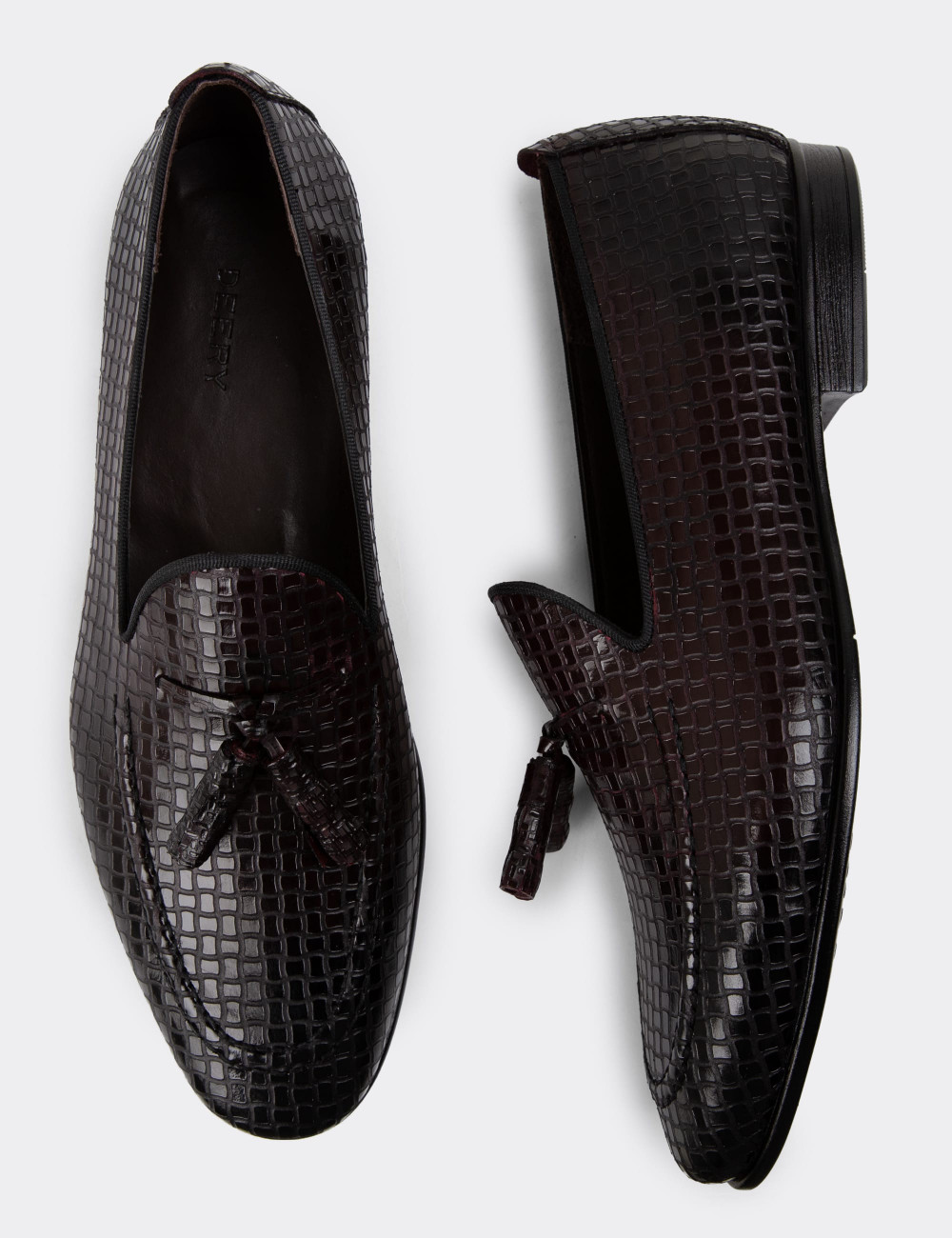 Hakiki Deri Özel Desenli Bordo Erkek Loafer - 01701MBRDC07