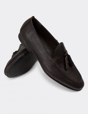 Erkek Hakiki Deri Kahverengi Püsküllü Loafer - 01701MKHVC52