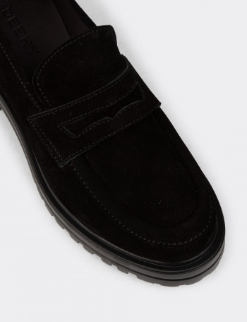 Kadın Hakiki Süet Siyah Loafer Ayakkabı - 01903ZSYHE03