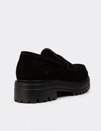Kadın Hakiki Süet Siyah Loafer Ayakkabı - 01903ZSYHE03
