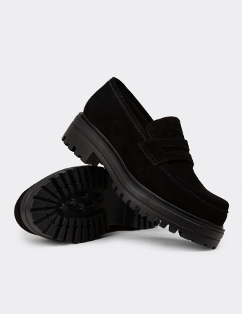 Kadın Hakiki Süet Siyah Loafer Ayakkabı - 01903ZSYHE03
