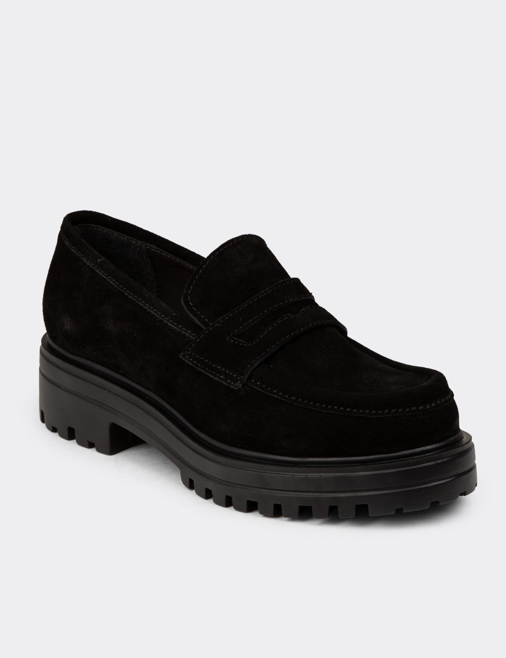 Kadın Hakiki Süet Siyah Loafer Ayakkabı - 01903ZSYHE03