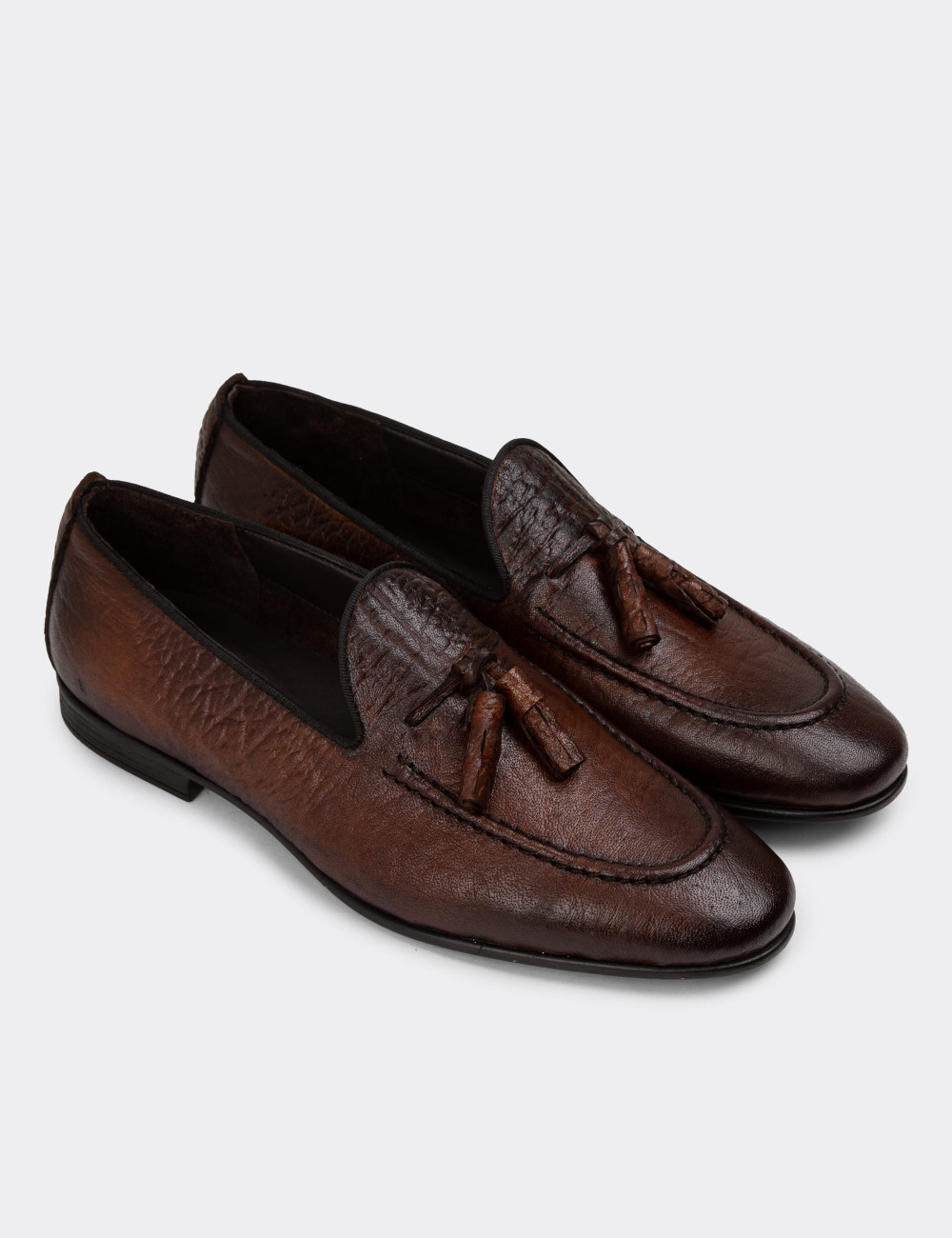 Erkek Hakiki Deri Taba Renk Vintage Loafer - 01701MTBAC24