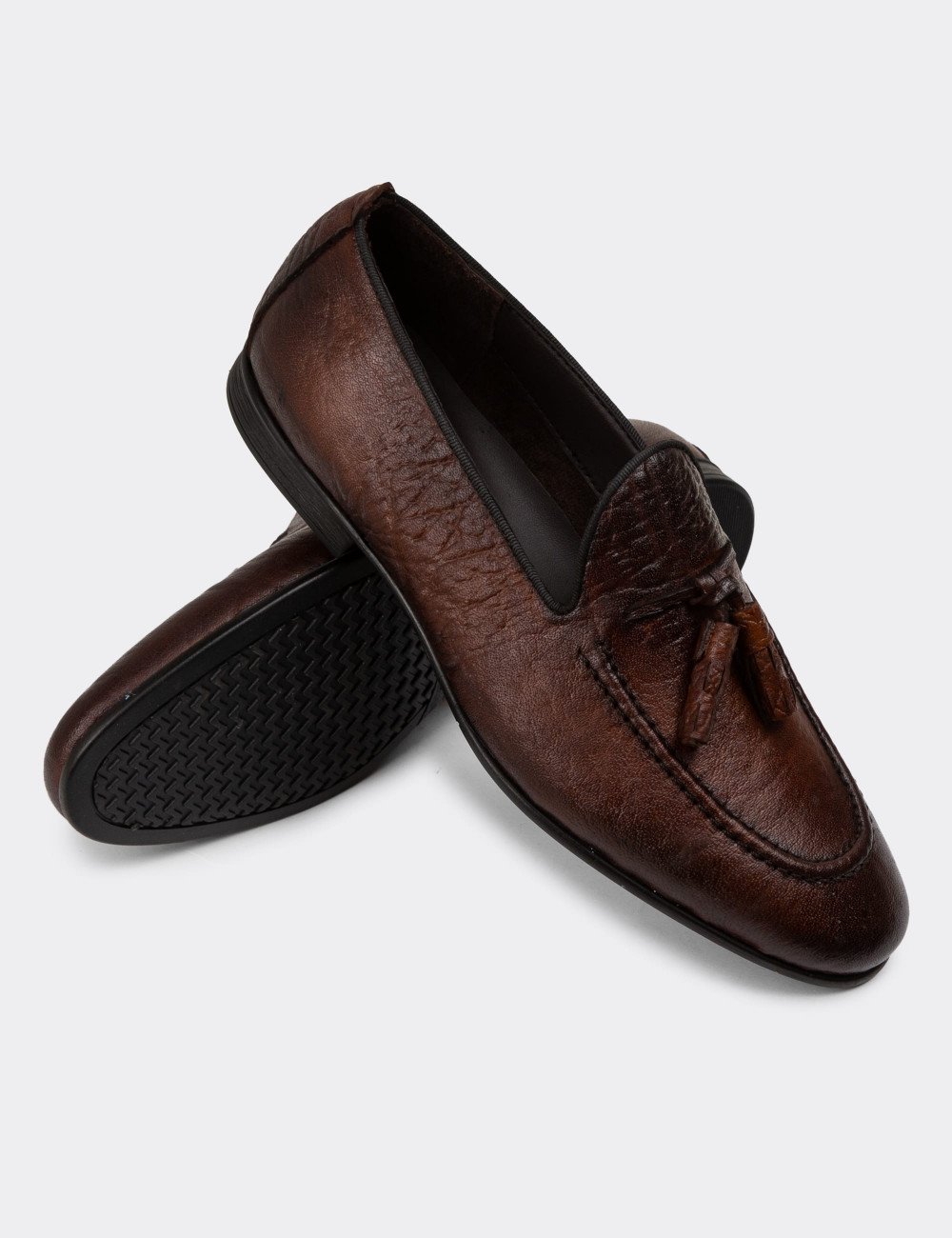 Erkek Hakiki Deri Taba Renk Vintage Loafer - 01701MTBAC24