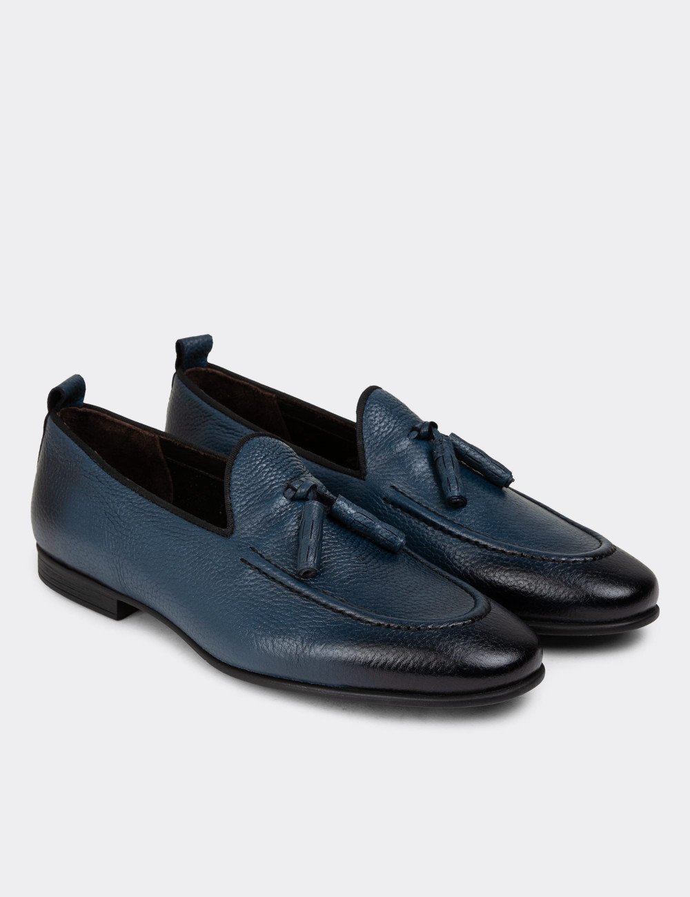 Erkek Hakiki Deri Mavi Loafer Ayakkabı - 01701MMVIC13