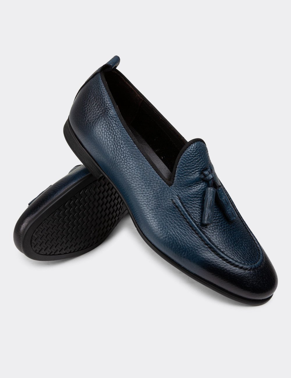 Erkek Hakiki Deri Mavi Loafer Ayakkabı - 01701MMVIC13