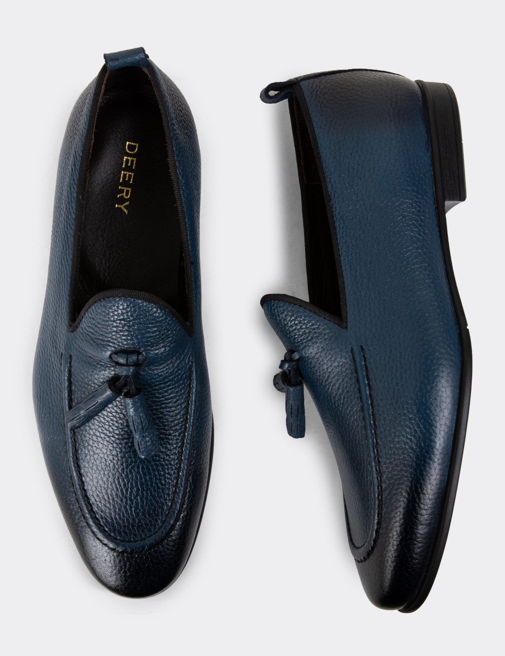 Erkek Hakiki Deri Mavi Loafer Ayakkabı - 01701MMVIC13