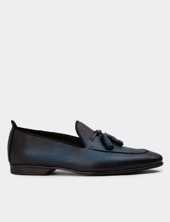 Erkek Hakiki Deri Mavi Püsküllü Loafer Ayakkabı - 01701MMVIC12