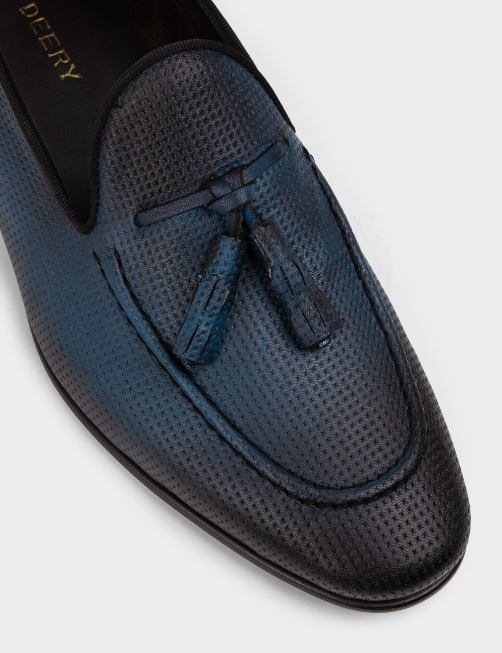 Erkek Hakiki Deri Mavi Püsküllü Loafer Ayakkabı - 01701MMVIC12