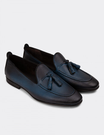 Erkek Hakiki Deri Mavi Püsküllü Loafer Ayakkabı - 01701MMVIC12