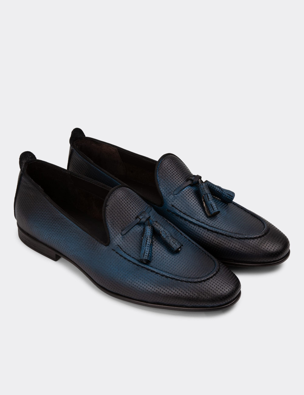 Erkek Hakiki Deri Mavi Püsküllü Loafer Ayakkabı - 01701MMVIC12