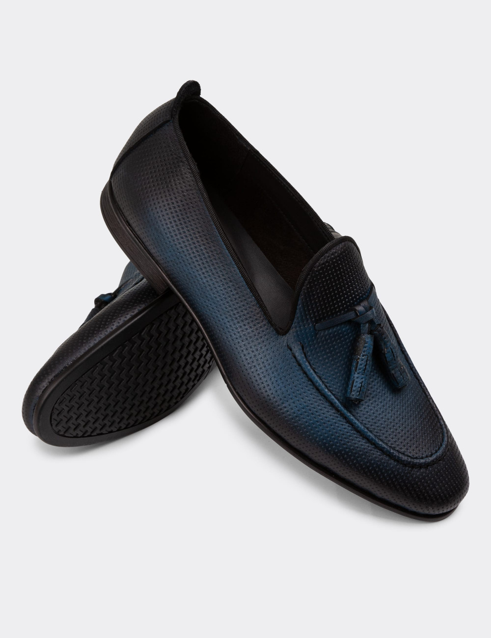 Erkek Hakiki Deri Mavi Püsküllü Loafer Ayakkabı - 01701MMVIC12