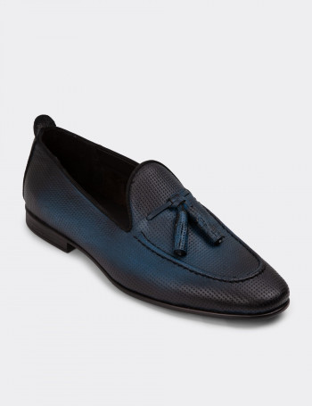 Erkek Hakiki Deri Mavi Püsküllü Loafer Ayakkabı - 01701MMVIC12