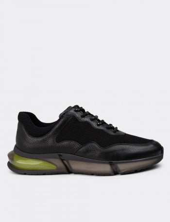 Erkek Siyah Hakiki Deri Sneaker Ayakkabı - 01725MSYHE09