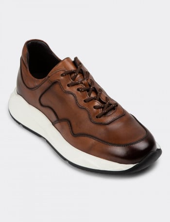 Erkek Hakiki Deri Taba Rengi Spor Ayakkabı - 01725MTBAE01