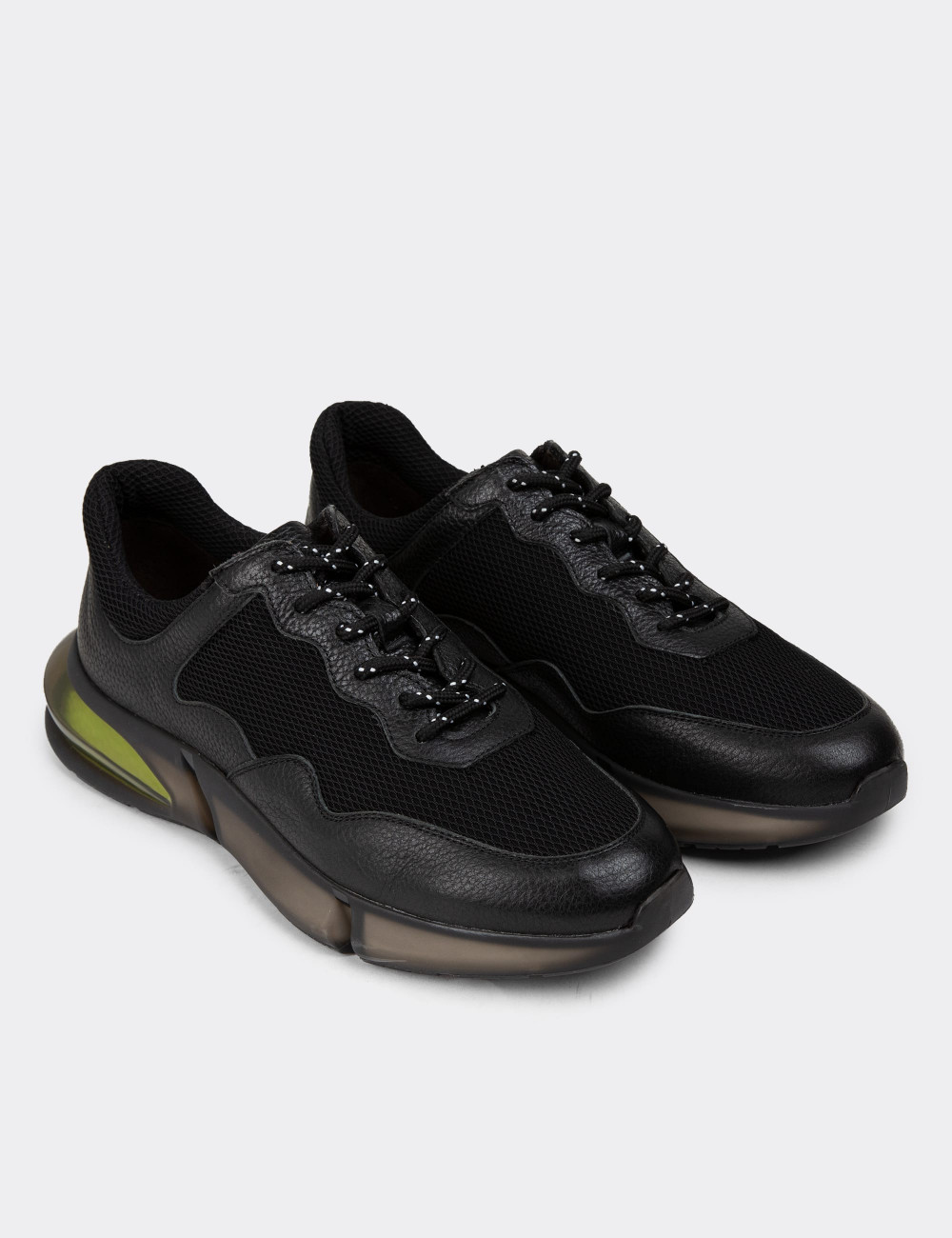 Erkek Siyah Hakiki Deri Sneaker Ayakkabı - 01725MSYHE09