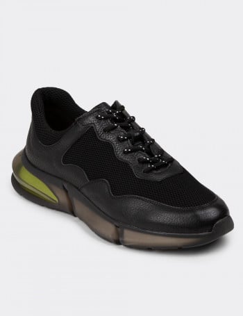Erkek Siyah Hakiki Deri Sneaker Ayakkabı - 01725MSYHE09