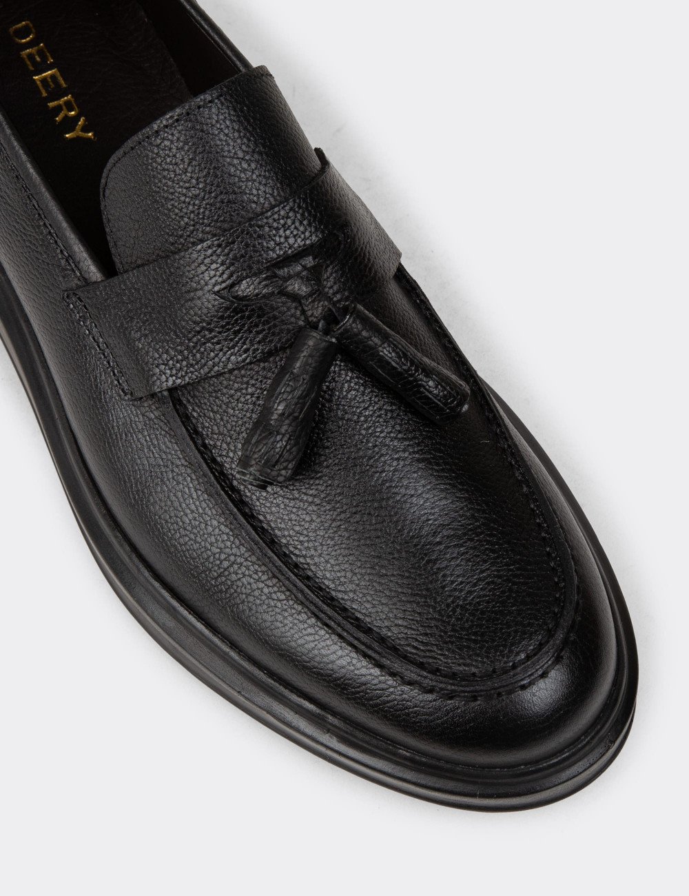 Erkek Hakiki Deri Siyah Püskül Detaylı Loafer - 01587MSYHP12