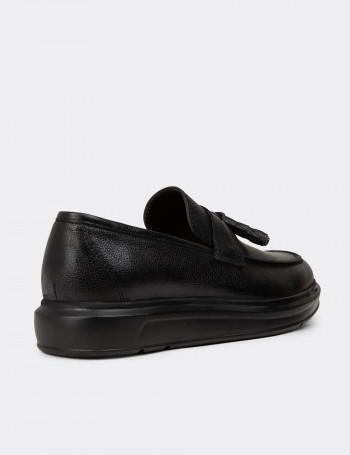 Erkek Hakiki Deri Siyah Püskül Detaylı Loafer - 01587MSYHP12