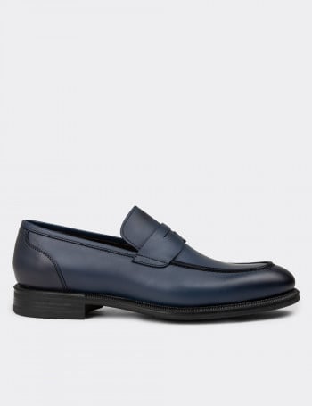 Erkek Hakiki Deri Lacivert Klasik Loafer Ayakkabı - 01995MLCVC01