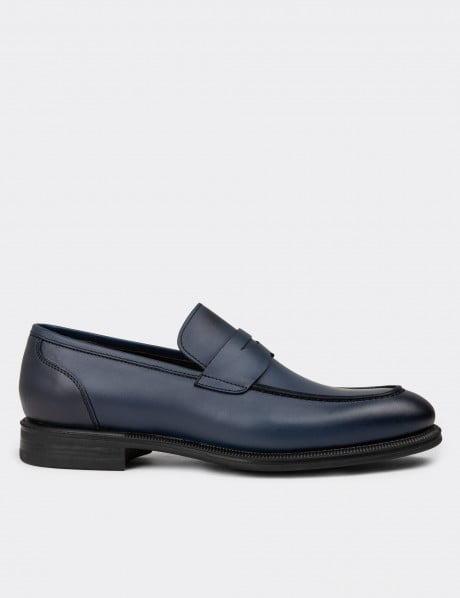 Erkek Hakiki Deri Lacivert Klasik Loafer Ayakkabı