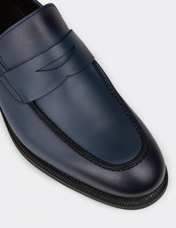 Erkek Hakiki Deri Lacivert Klasik Loafer Ayakkabı - 01995MLCVC01