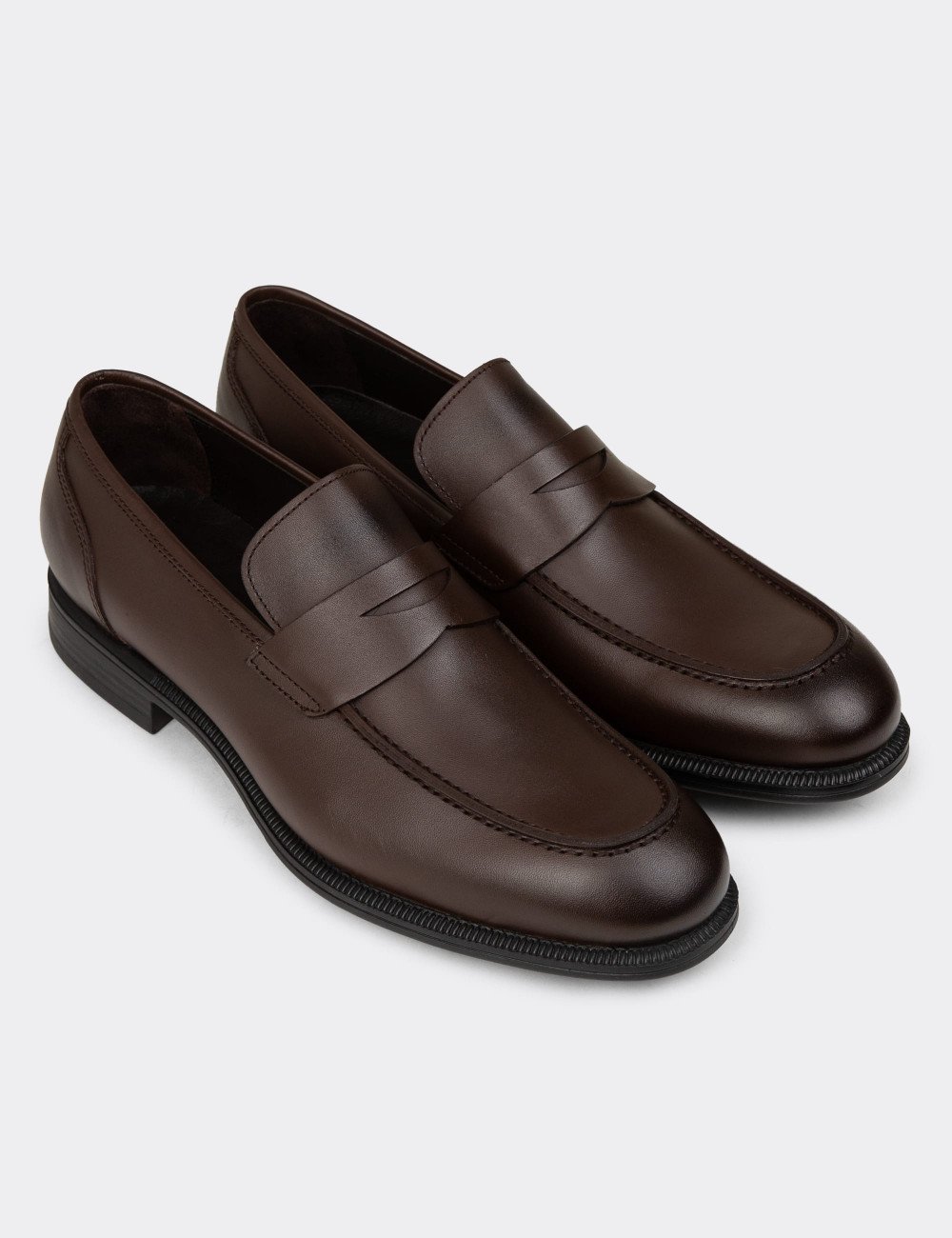 Erkek Kahverengi Hakiki Deri Klasik Loafer Ayakkabı - 01995MKHVC01