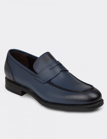 Erkek Hakiki Deri Lacivert Klasik Loafer Ayakkabı - 01995MLCVC01