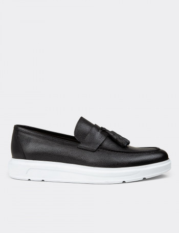 Erkek Hakiki Deri Siyah Comfort Püsküllü Loafer - 01587MSYHP15