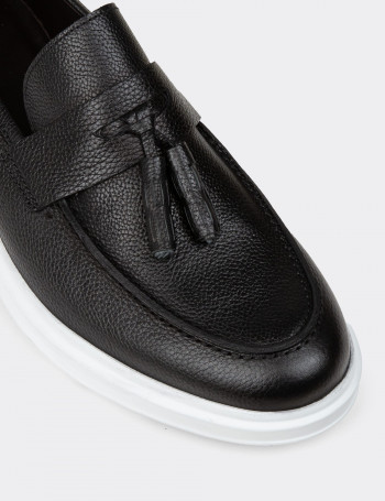 Erkek Hakiki Deri Siyah Comfort Püsküllü Loafer - 01587MSYHP15