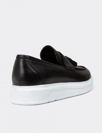 Erkek Hakiki Deri Siyah Comfort Püsküllü Loafer - 01587MSYHP15