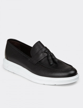 Erkek Hakiki Deri Siyah Comfort Püsküllü Loafer - 01587MSYHP15