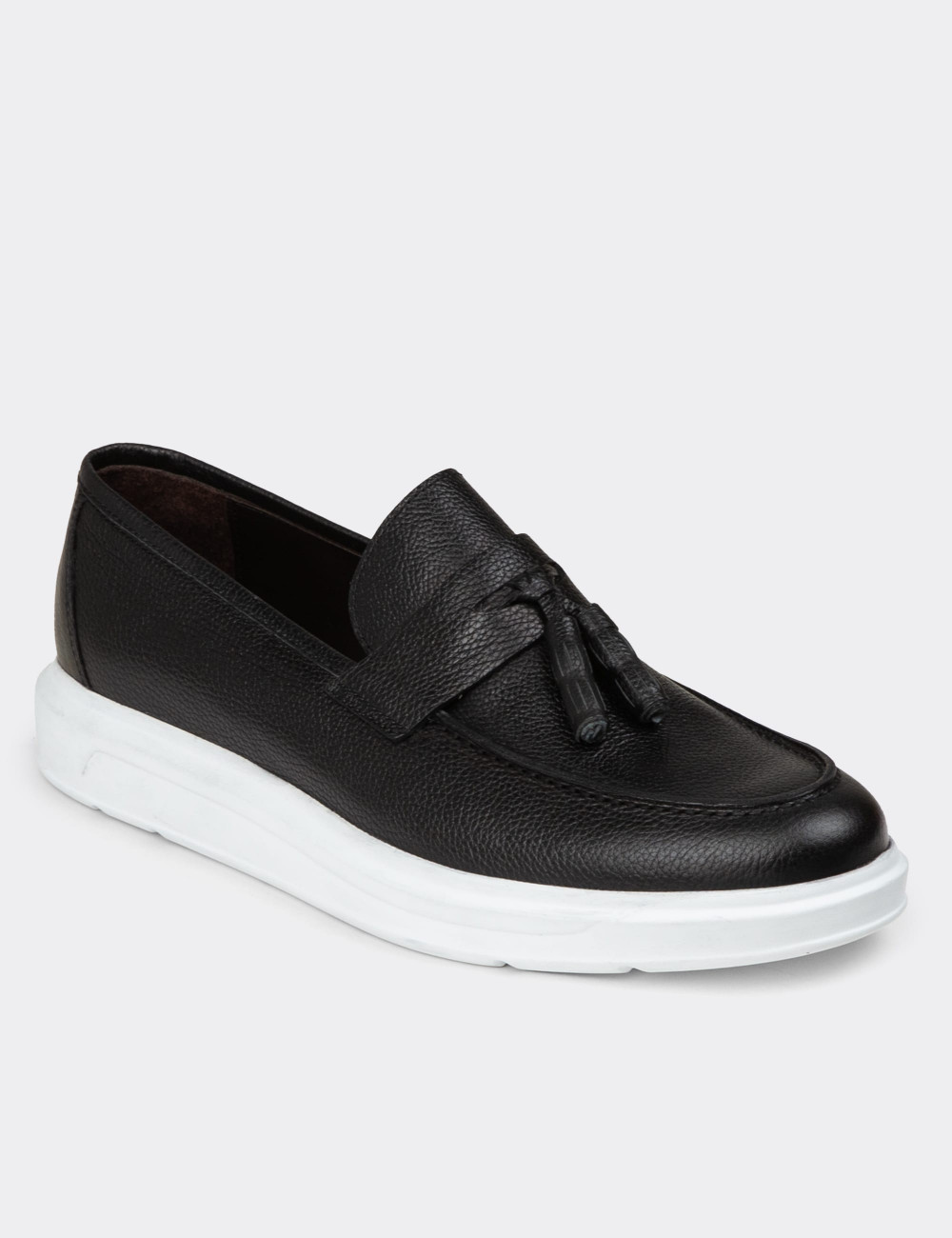 Erkek Hakiki Deri Siyah Comfort Püsküllü Loafer - 01587MSYHP15