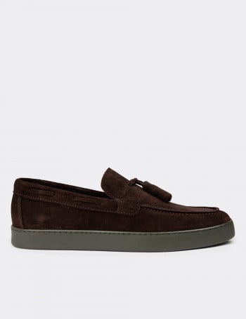 Erkek Hakiki Süet Kahverengi Püsküllü Loafer - 01994MKHVC01