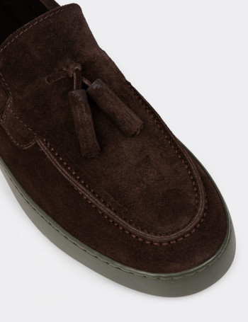 Erkek Hakiki Süet Kahverengi Püsküllü Loafer - 01994MKHVC01