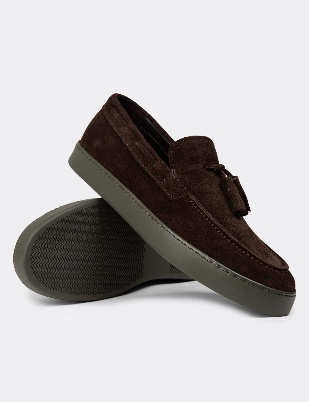 Erkek Hakiki Süet Kahverengi Püsküllü Loafer - 01994MKHVC01