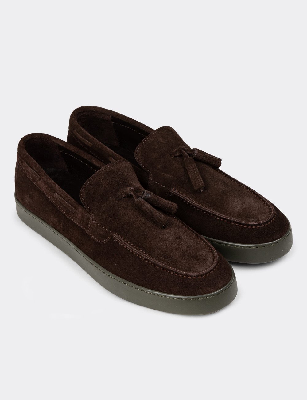 Erkek Hakiki Süet Kahverengi Püsküllü Loafer - 01994MKHVC01
