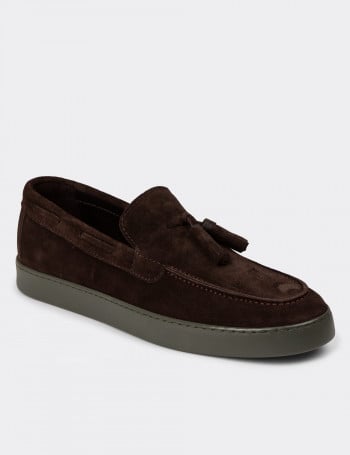 Erkek Hakiki Süet Kahverengi Püsküllü Loafer - 01994MKHVC01