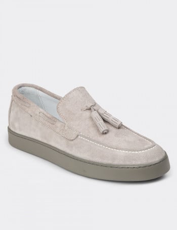 Erkek Hakiki Süet Gri Püsküllü Loafer Ayakkabı - 01994MGRIC01