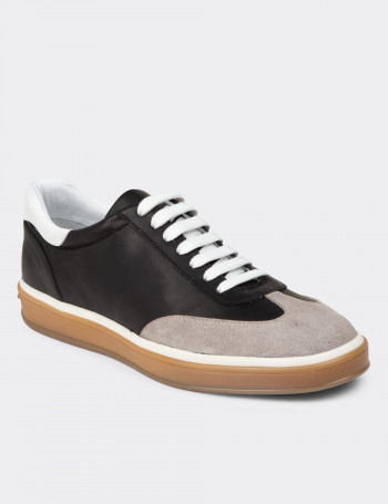 Erkek Hakiki Deri Siyah Sneaker Ayakkabı - 01997MSYHC01