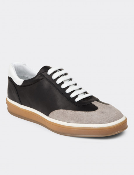 Erkek Hakiki Deri Siyah Sneaker Ayakkabı