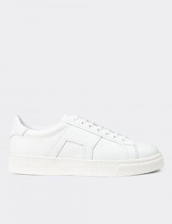 Erkek Beyaz Hakiki Deri Sneaker Ayakkabı - 02002MBYZC01