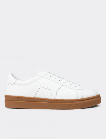 Erkek Hakiki Deri Beyaz Sneaker Ayakkabı - 02002MBYZC03