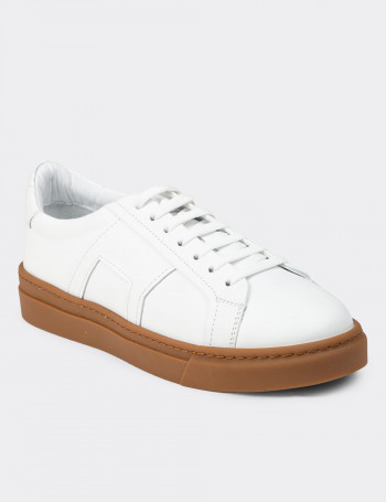 Erkek Hakiki Deri Beyaz Sneaker Ayakkabı - 02002MBYZC03