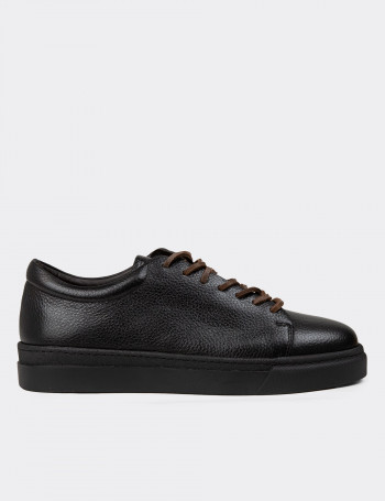 Erkek Hakiki Deri Siyah Sneaker Ayakkabı - 02004MSYHC01