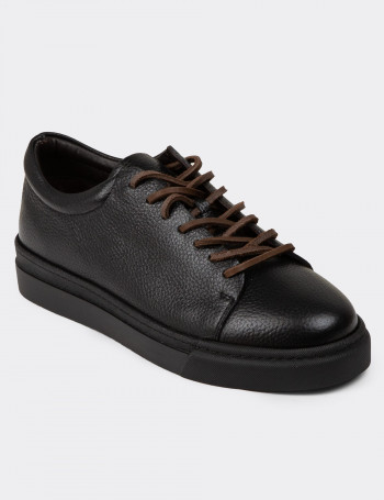 Erkek Hakiki Deri Siyah Sneaker Ayakkabı - 02004MSYHC01