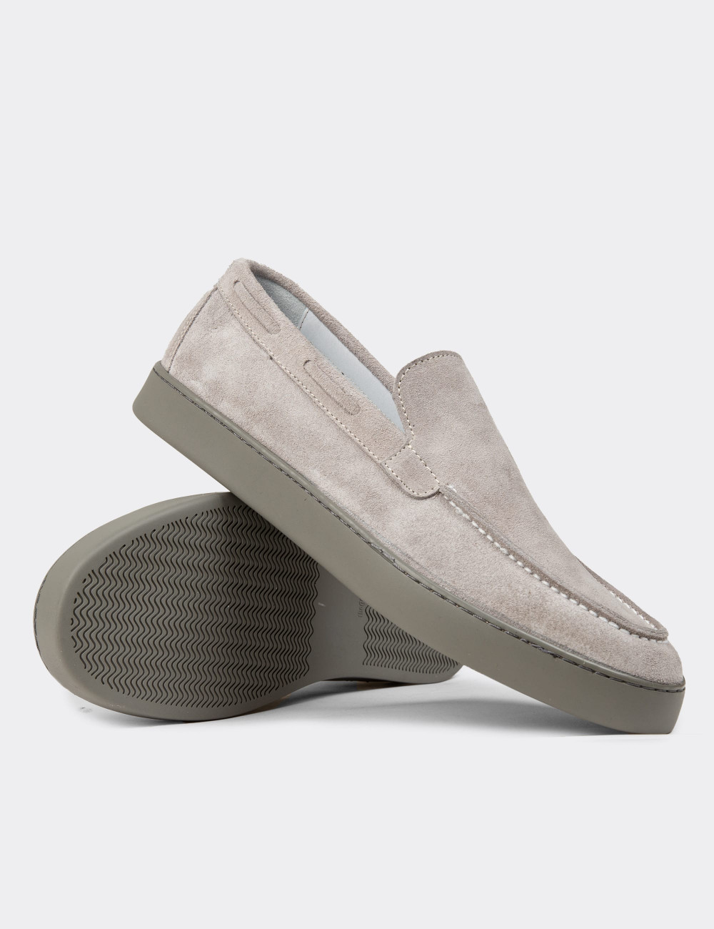 Erkek Hakiki Süet Gri Loafer Ayakkabı - 01993MGRIC01